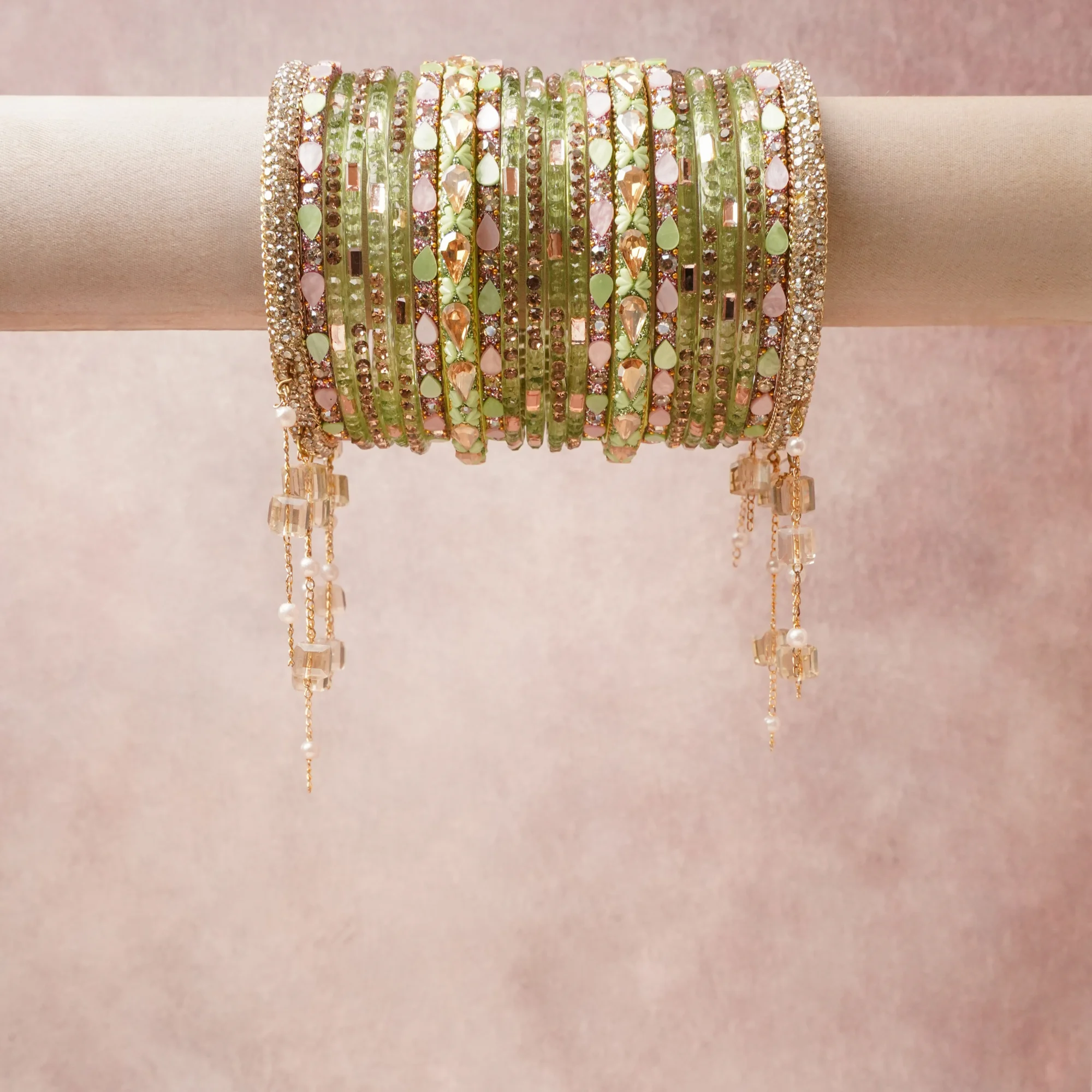 A grounding Green forms the heart of the set, while touches of Blush Pink, Champagne, Crystal Clear, Gold, Pearl White add charm.

A thoughtful composition of Glass, Crystal Rhinestones, Faceted Glass Crystals, Faux Pearls, Gold-toned Metal Alloy, designed to feel complete without being heavy.
Each element layers seamlessly, creating a look that is refined, wearable and quietly striking.